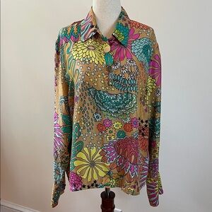 Vilagallo Silk Floral Button-Down Shirt Gold Buttons Multicolor Size 46 EUC